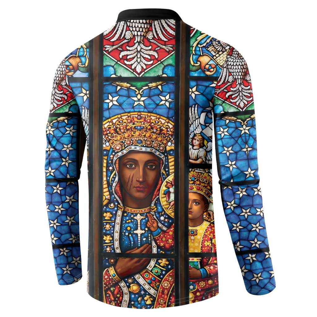 Polish Black Madonna of Czestochowa Button Sweatshirt Our Lady of Poland Stained Glass