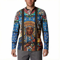 Polish Black Madonna of Czestochowa Button Sweatshirt Our Lady of Poland Stained Glass
