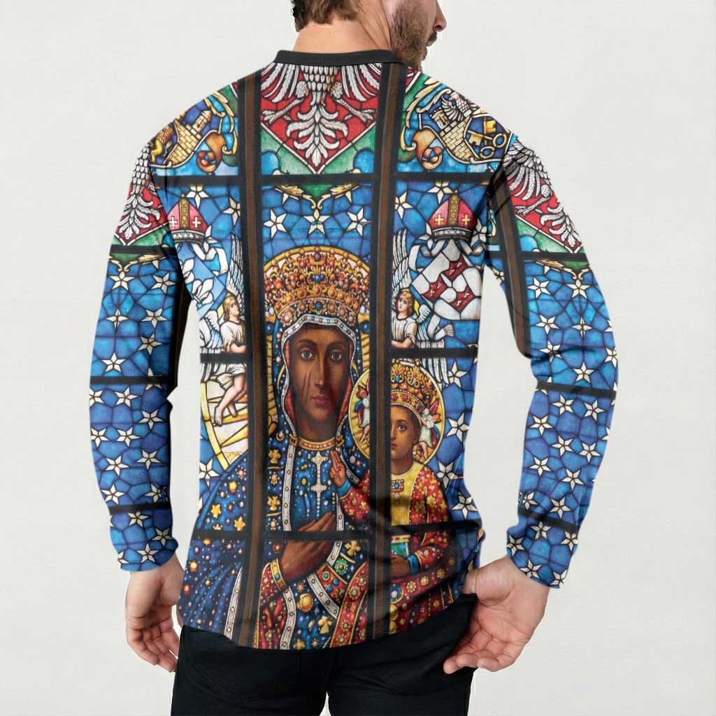 Polish Black Madonna of Czestochowa Button Sweatshirt Our Lady of Poland Stained Glass