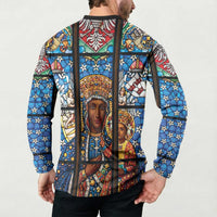 Polish Black Madonna of Czestochowa Button Sweatshirt Our Lady of Poland Stained Glass