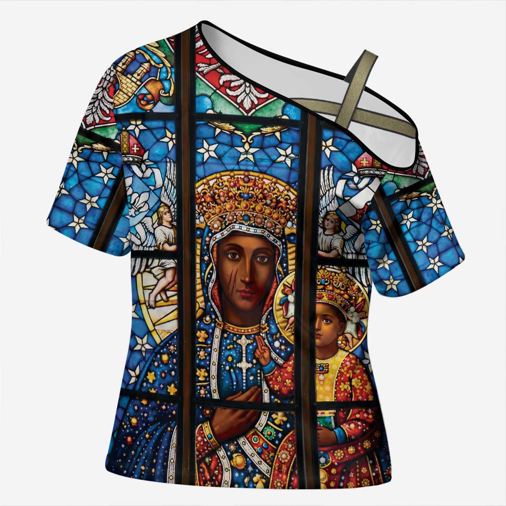 Polish Black Madonna of Czestochowa Cross Shoulder Shirt Our Lady of Poland Stained Glass