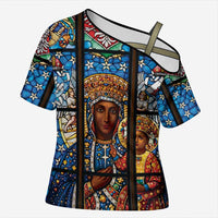 Polish Black Madonna of Czestochowa Cross Shoulder Shirt Our Lady of Poland Stained Glass