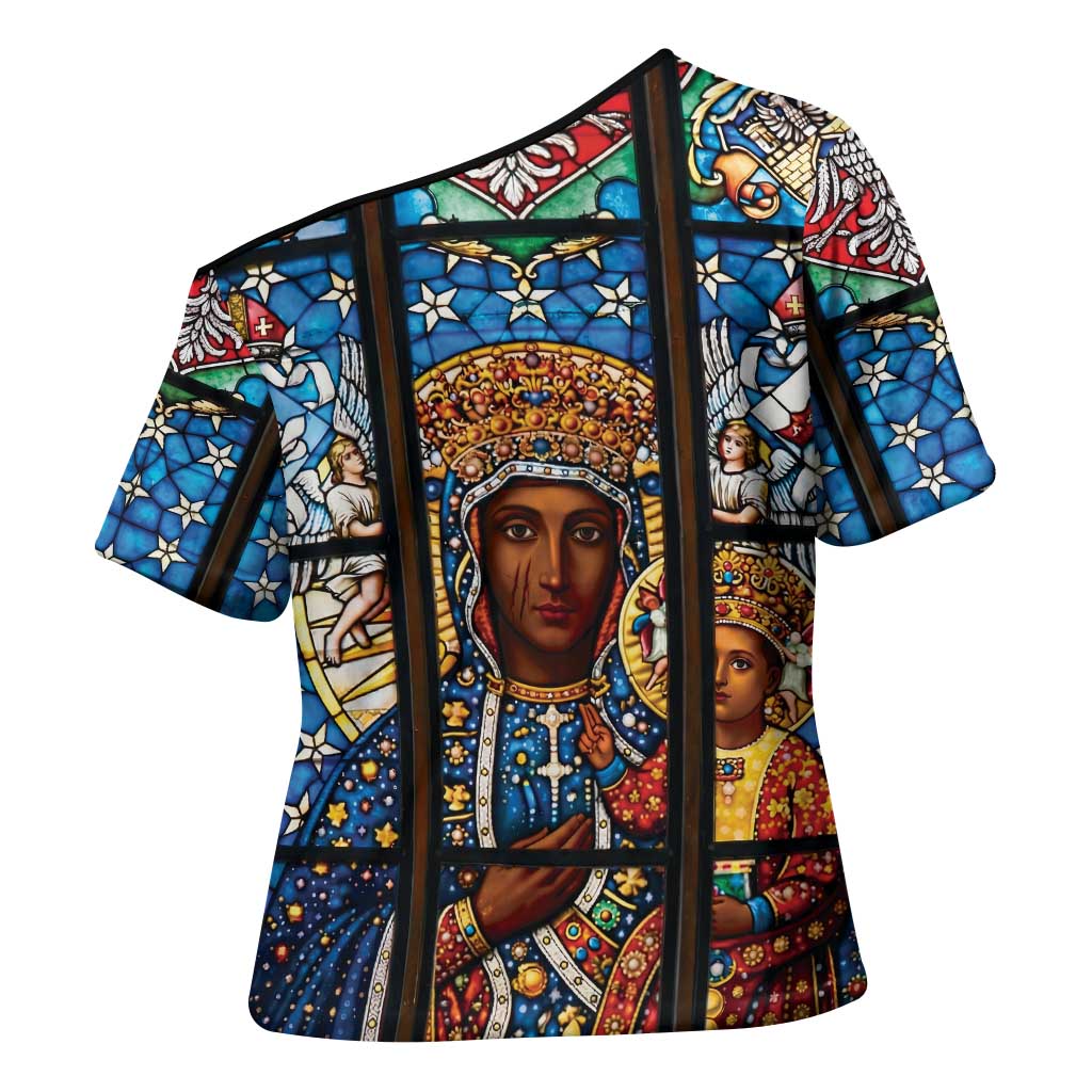 Polish Black Madonna of Czestochowa Cross Shoulder Shirt Our Lady of Poland Stained Glass