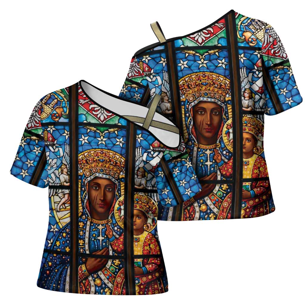 Polish Black Madonna of Czestochowa Cross Shoulder Shirt Our Lady of Poland Stained Glass