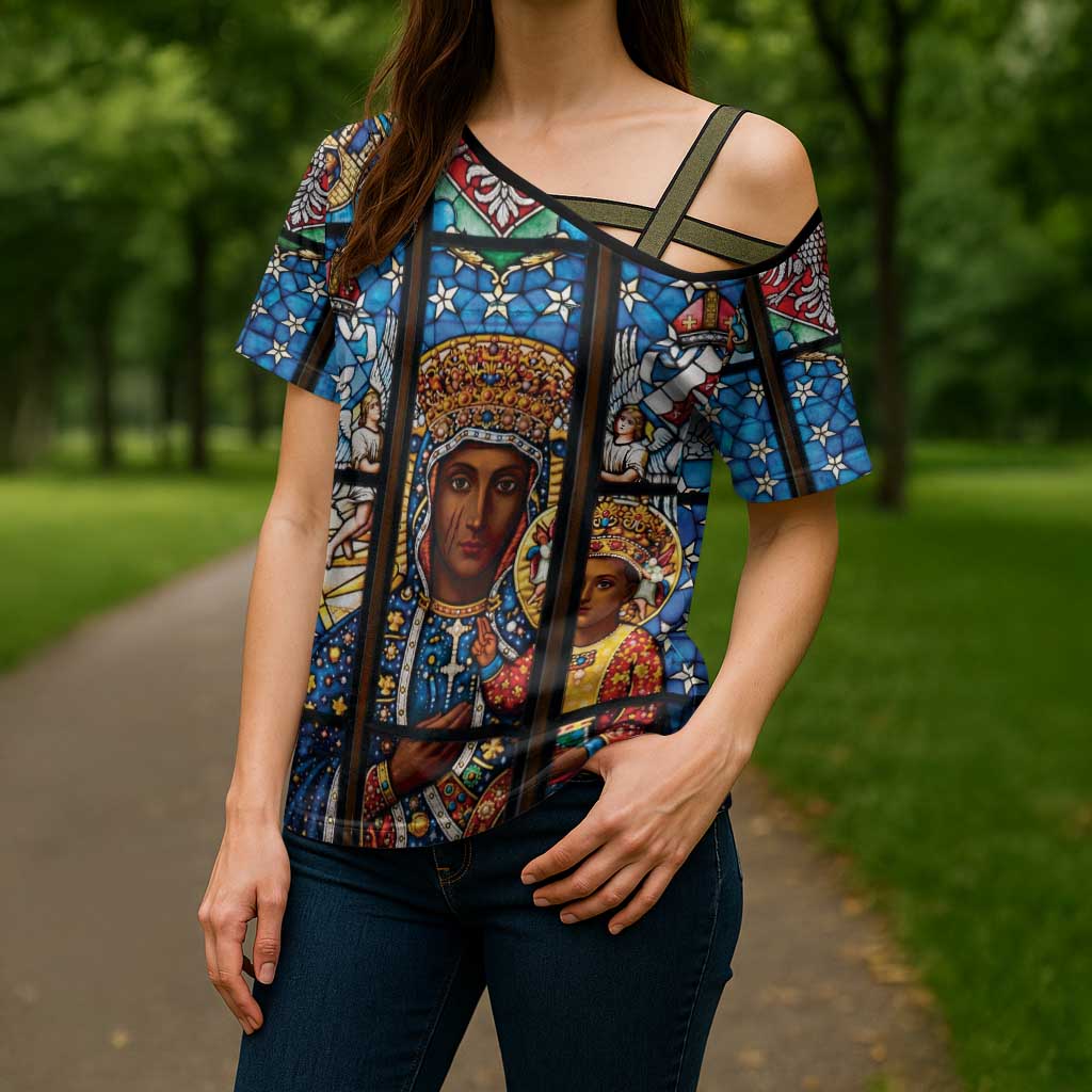 Polish Black Madonna of Czestochowa Cross Shoulder Shirt Our Lady of Poland Stained Glass