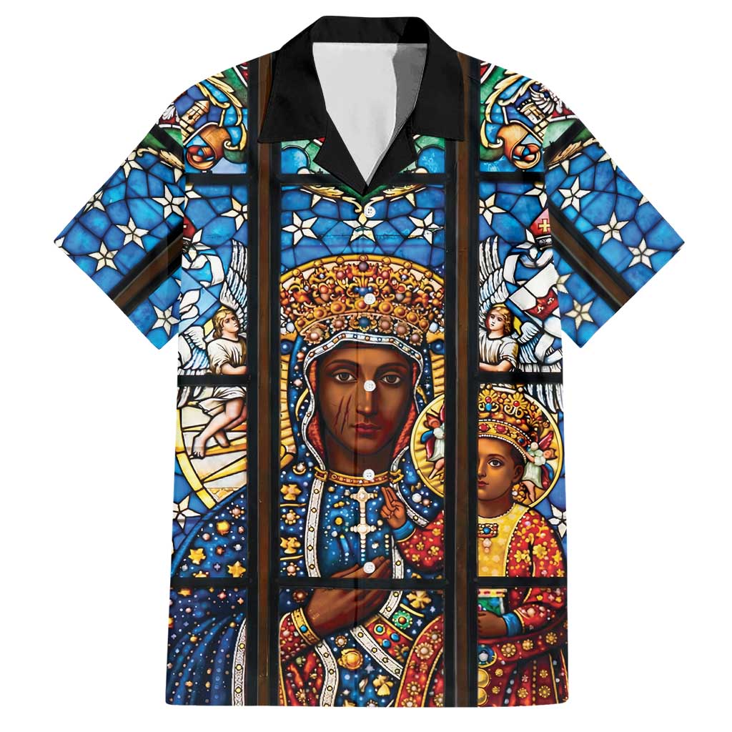 Polish Black Madonna of Czestochowa Hawaiian Shirt Our Lady of Poland Stained Glass