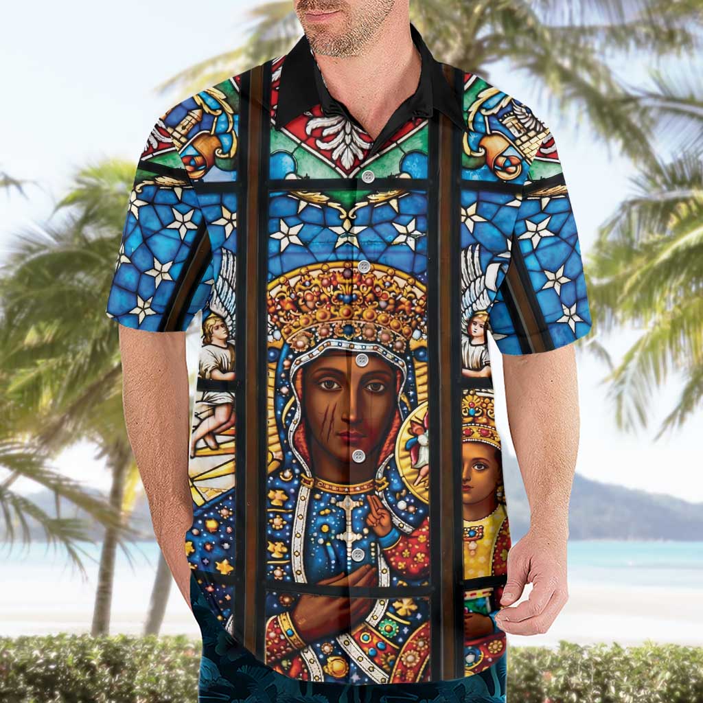 Polish Black Madonna of Czestochowa Hawaiian Shirt Our Lady of Poland Stained Glass