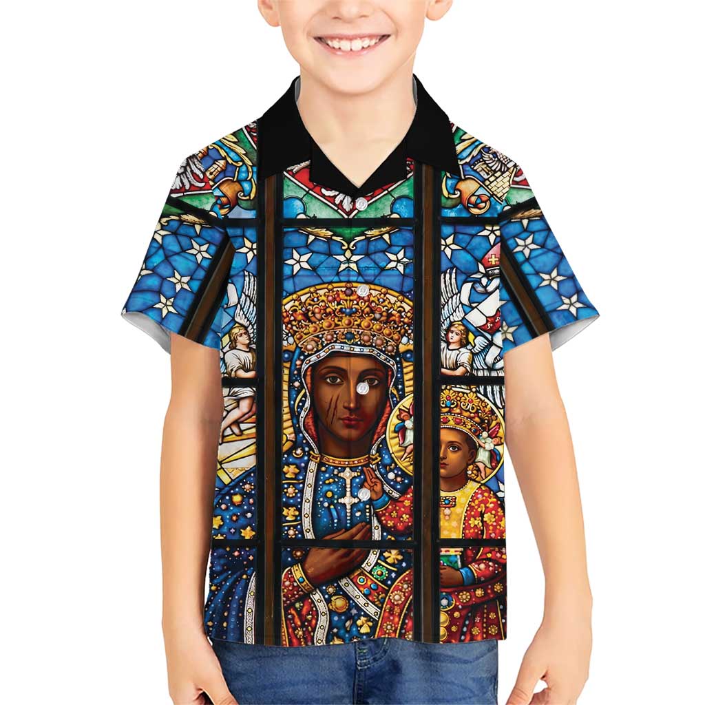 Polish Black Madonna of Czestochowa Hawaiian Shirt Our Lady of Poland Stained Glass