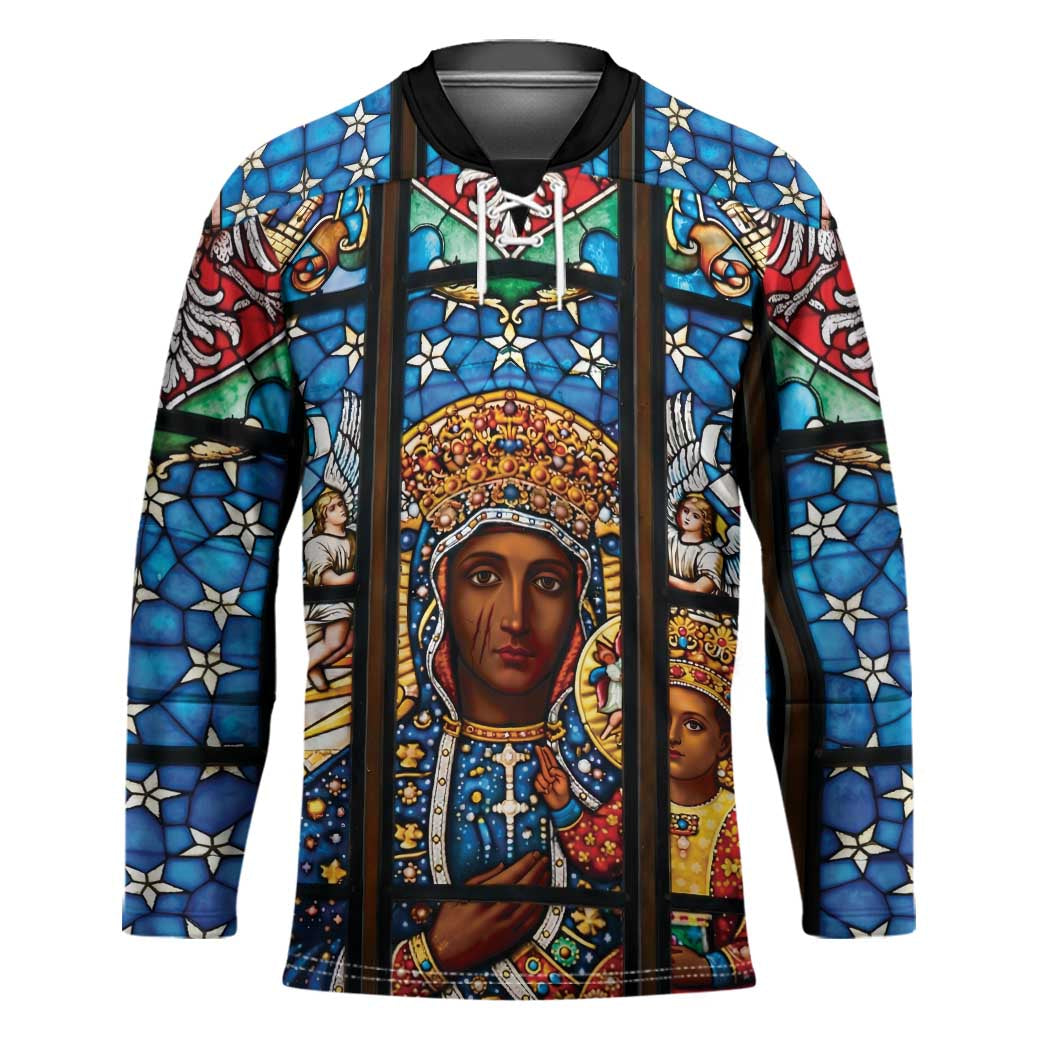 Polish Black Madonna of Czestochowa Hockey Jersey Our Lady of Poland Stained Glass
