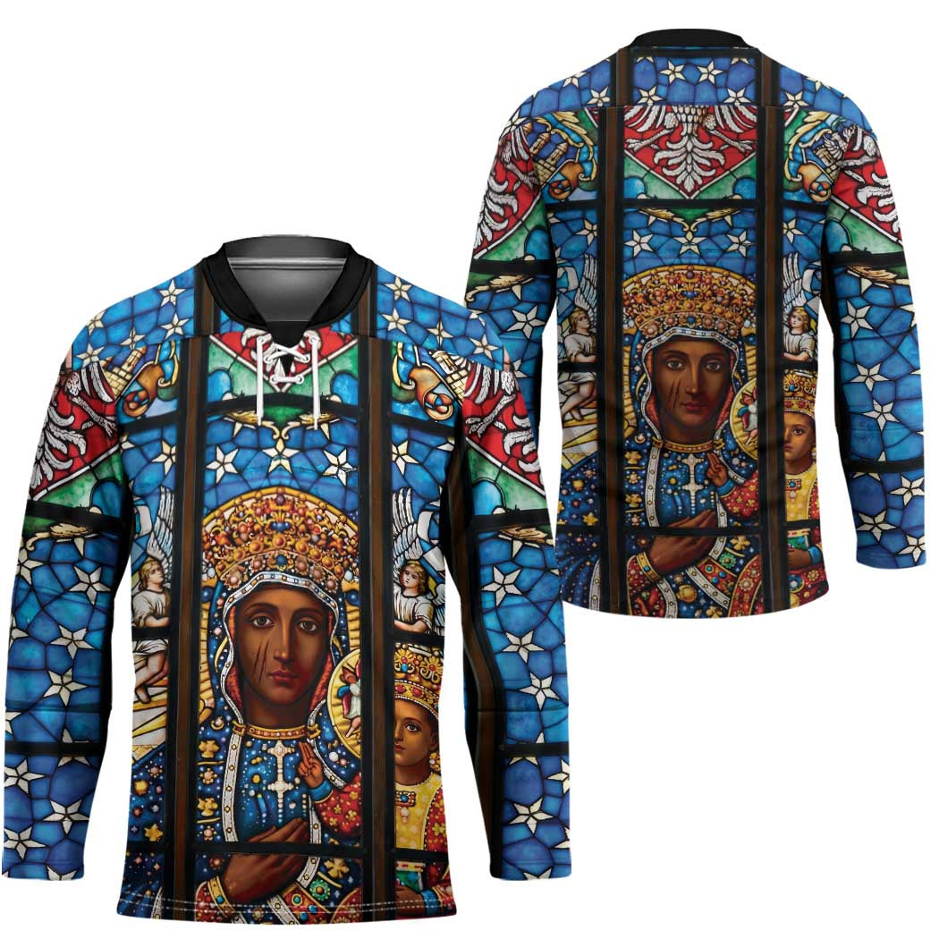 Polish Black Madonna of Czestochowa Hockey Jersey Our Lady of Poland Stained Glass
