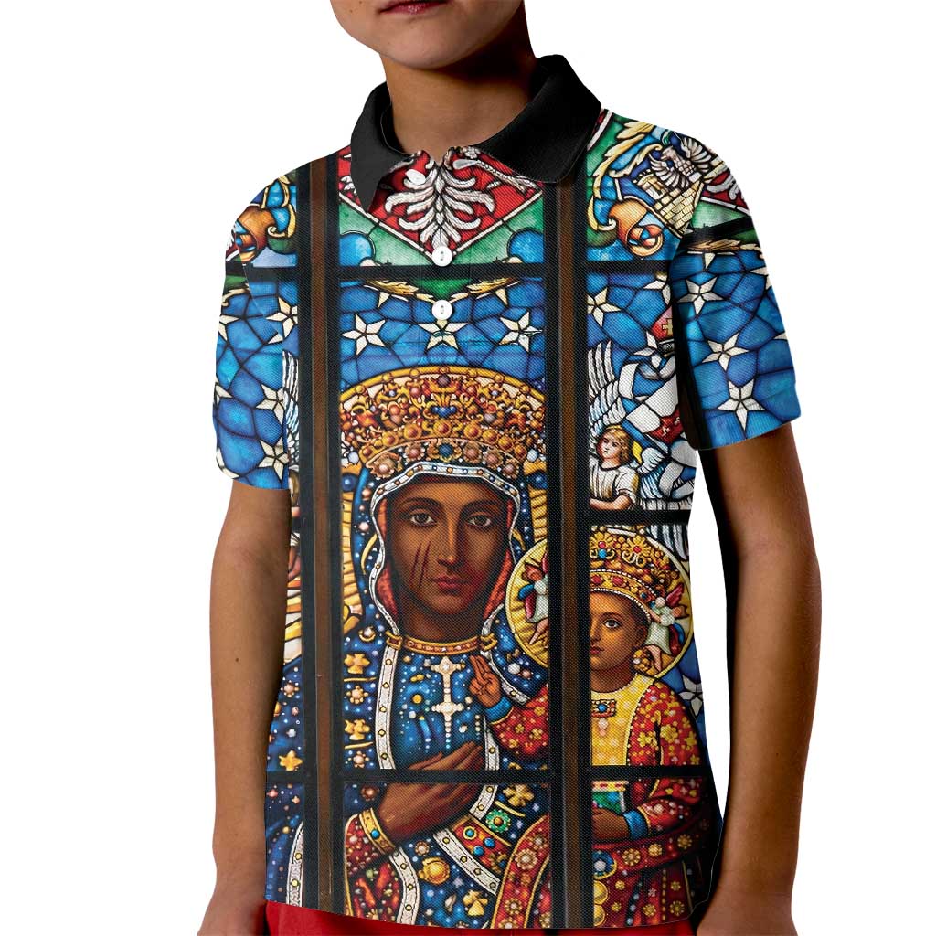 Polish Black Madonna of Czestochowa Kid Polo Shirt Our Lady of Poland Stained Glass