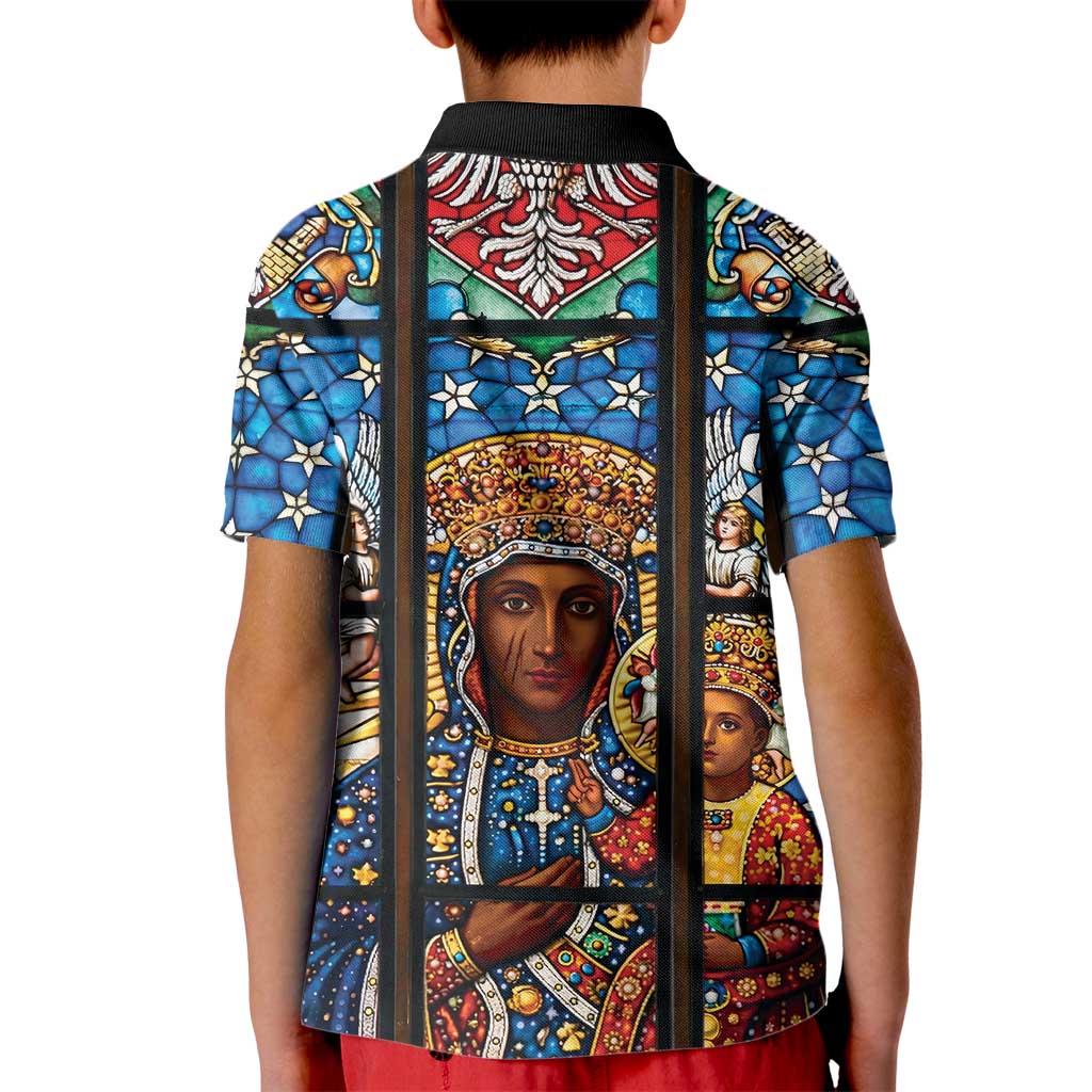 Polish Black Madonna of Czestochowa Kid Polo Shirt Our Lady of Poland Stained Glass