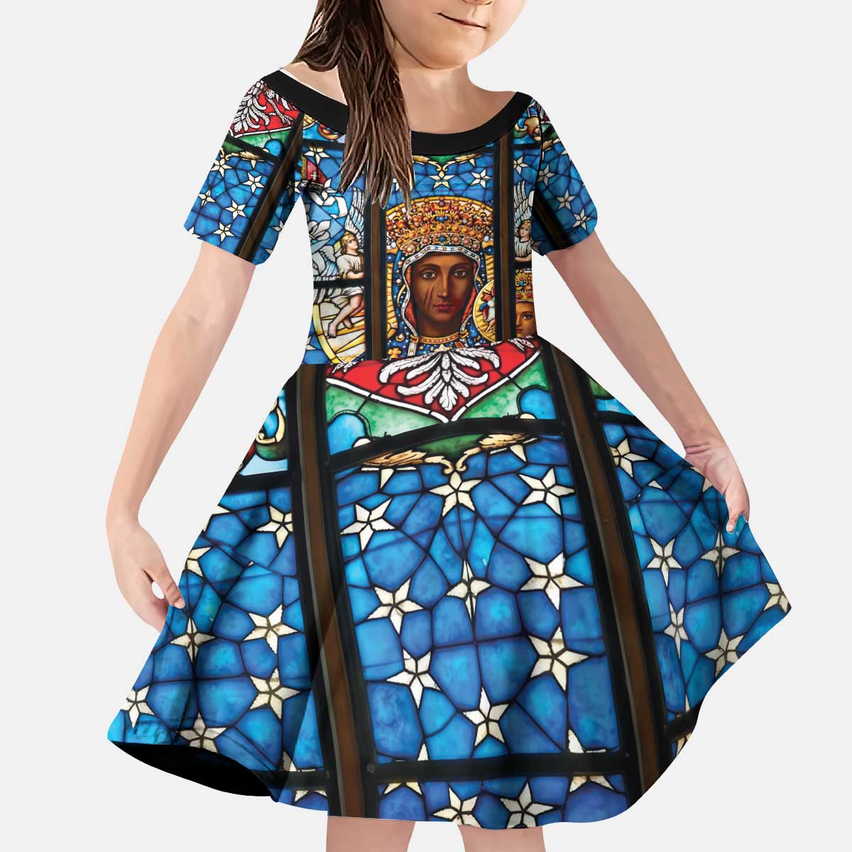 Polish Black Madonna of Czestochowa Kid Short Sleeve Dress Our Lady of Poland Stained Glass