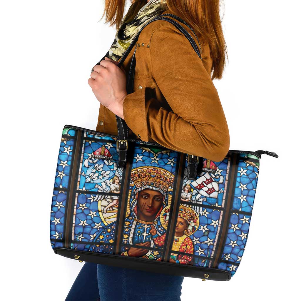 Polish Black Madonna of Czestochowa Leather Tote Bag Our Lady of Poland Stained Glass
