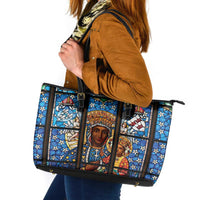 Polish Black Madonna of Czestochowa Leather Tote Bag Our Lady of Poland Stained Glass