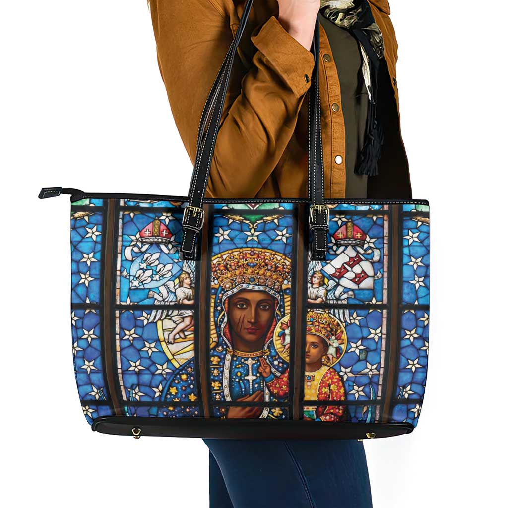 Polish Black Madonna of Czestochowa Leather Tote Bag Our Lady of Poland Stained Glass