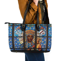 Polish Black Madonna of Czestochowa Leather Tote Bag Our Lady of Poland Stained Glass