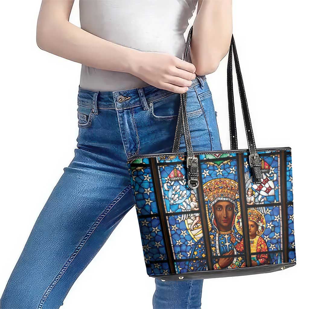 Polish Black Madonna of Czestochowa Leather Tote Bag Our Lady of Poland Stained Glass