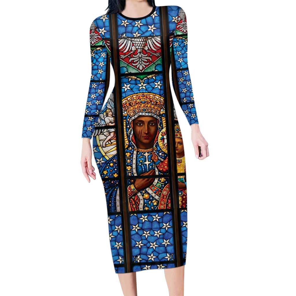Polish Black Madonna of Czestochowa Long Sleeve Bodycon Dress Our Lady of Poland Stained Glass