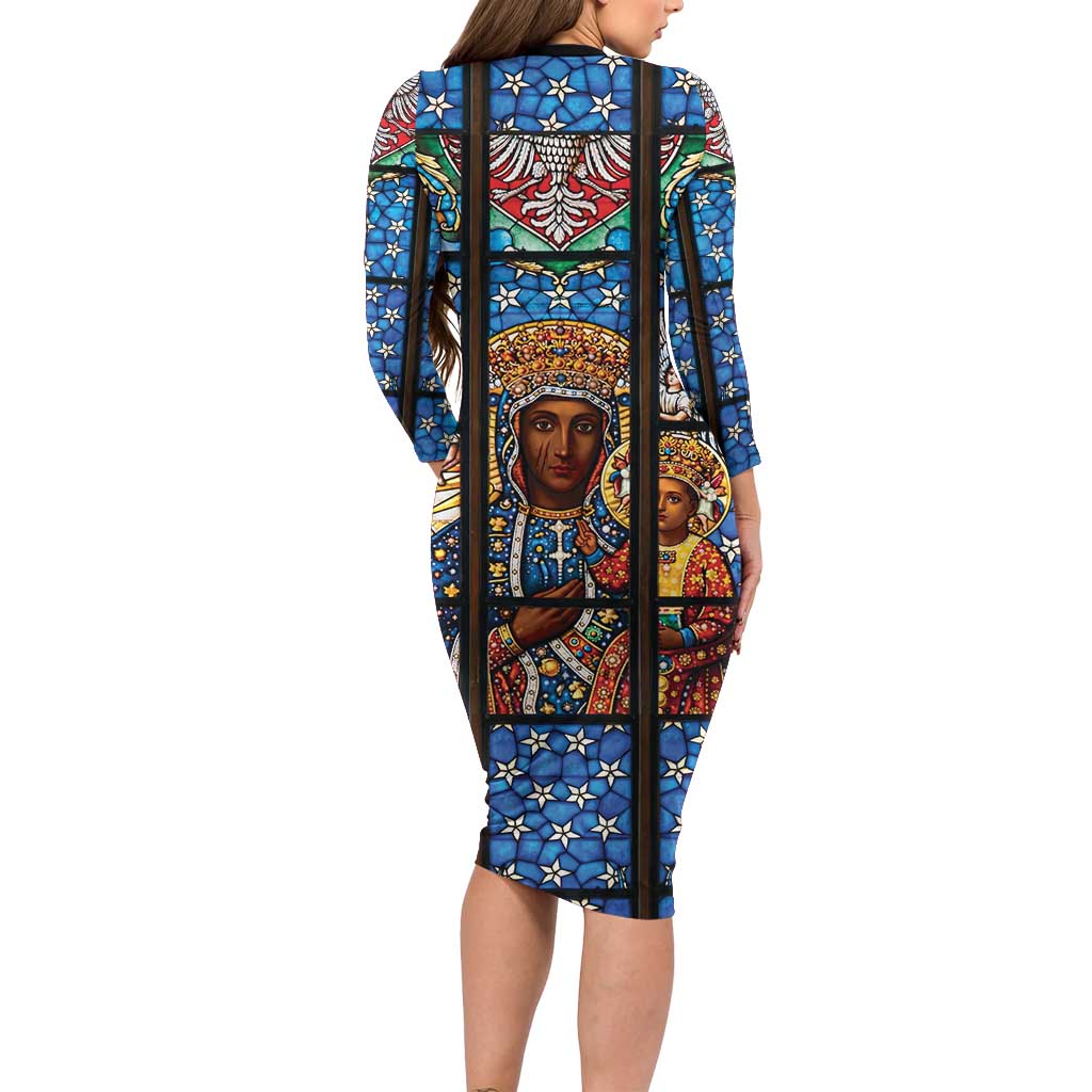 Polish Black Madonna of Czestochowa Long Sleeve Bodycon Dress Our Lady of Poland Stained Glass