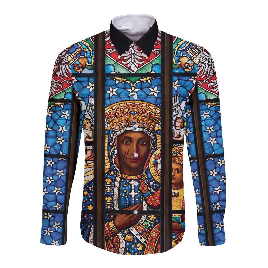Polish Black Madonna of Czestochowa Long Sleeve Button Shirt Our Lady of Poland Stained Glass