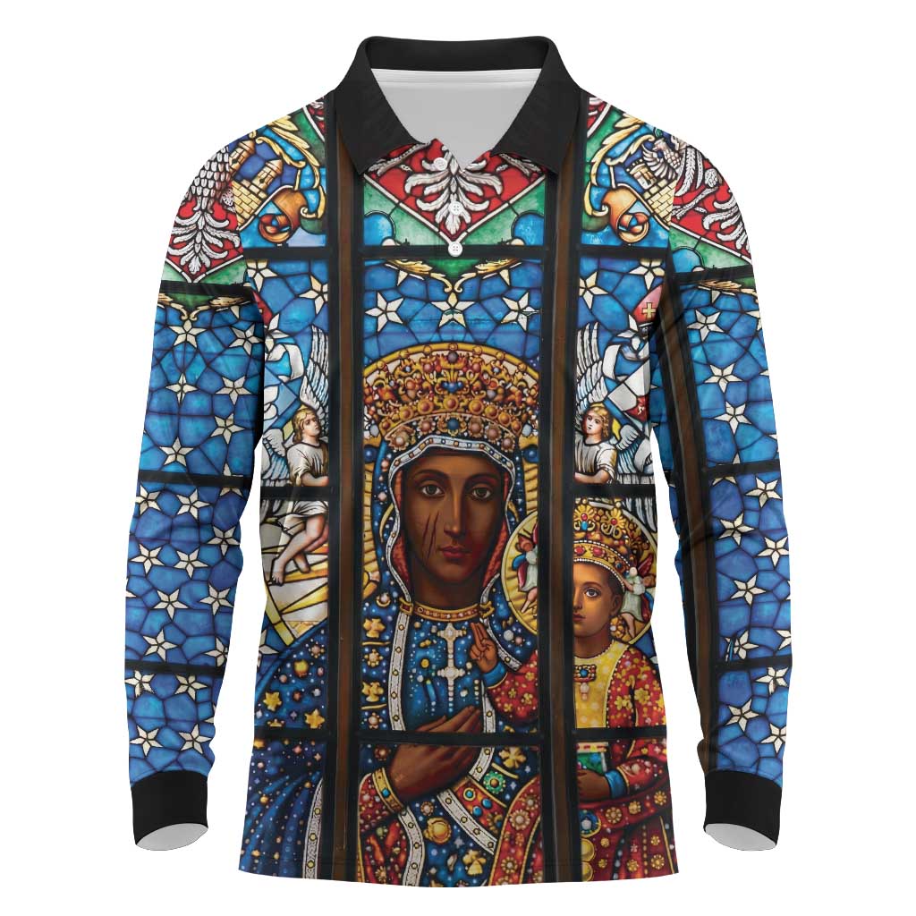 Polish Black Madonna of Czestochowa Long Sleeve Polo Shirt Our Lady of Poland Stained Glass