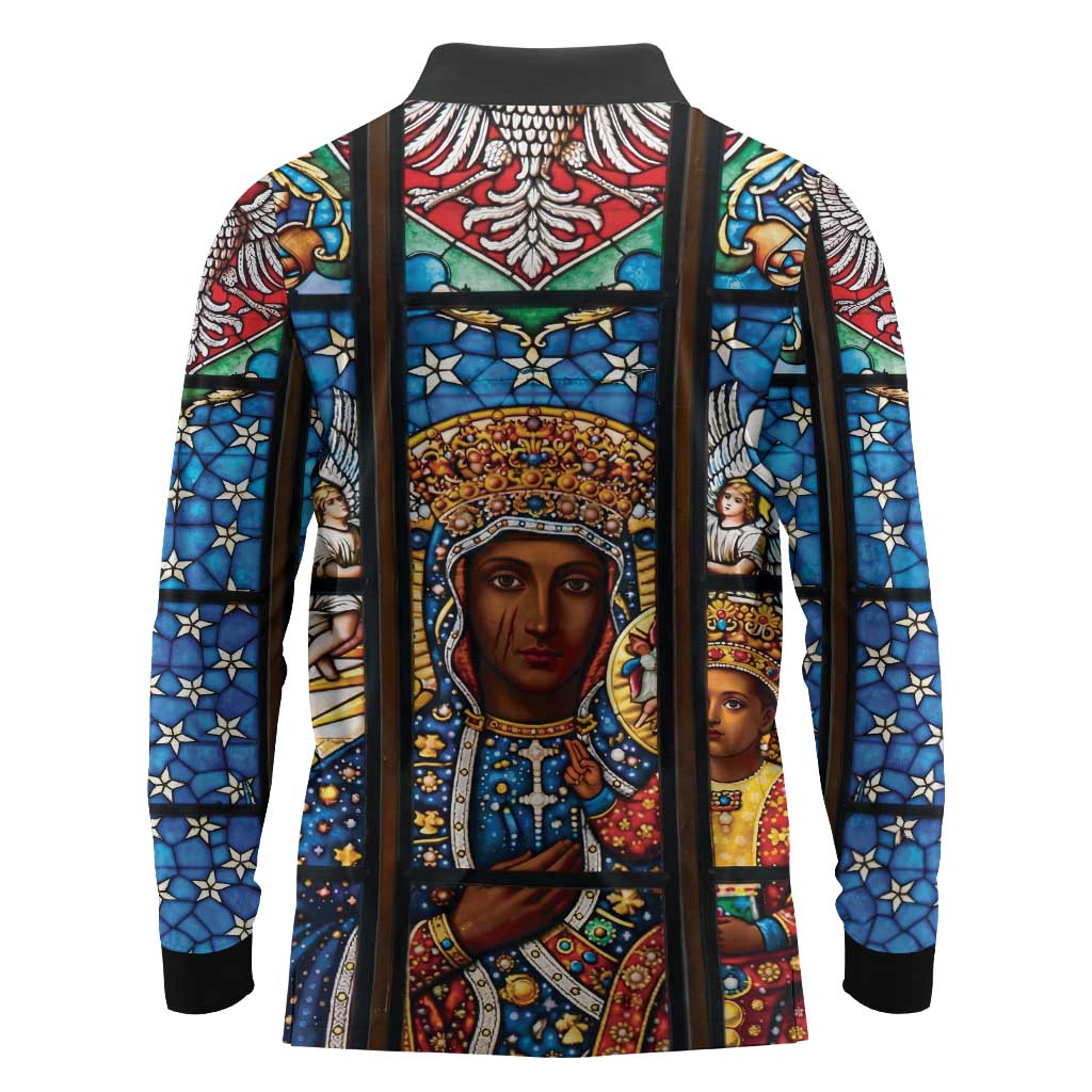 Polish Black Madonna of Czestochowa Long Sleeve Polo Shirt Our Lady of Poland Stained Glass