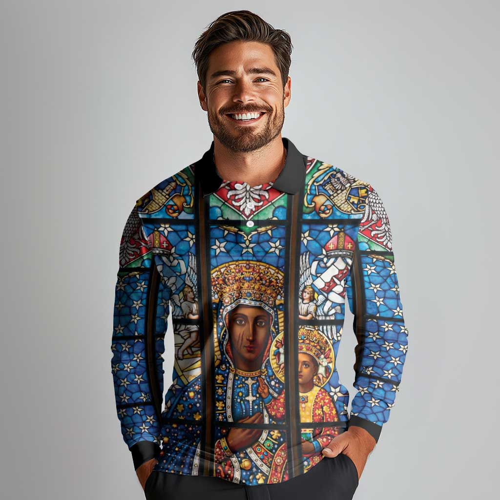 Polish Black Madonna of Czestochowa Long Sleeve Polo Shirt Our Lady of Poland Stained Glass