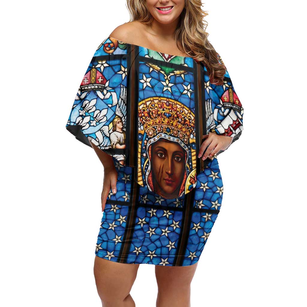 Polish Black Madonna of Czestochowa Off Shoulder Short Dress Our Lady of Poland Stained Glass