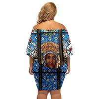 Polish Black Madonna of Czestochowa Off Shoulder Short Dress Our Lady of Poland Stained Glass