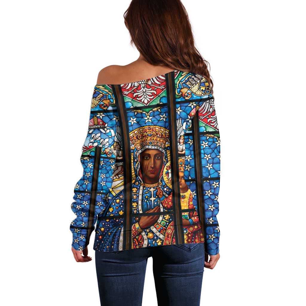 Polish Black Madonna of Czestochowa Off Shoulder Sweater Our Lady of Poland Stained Glass
