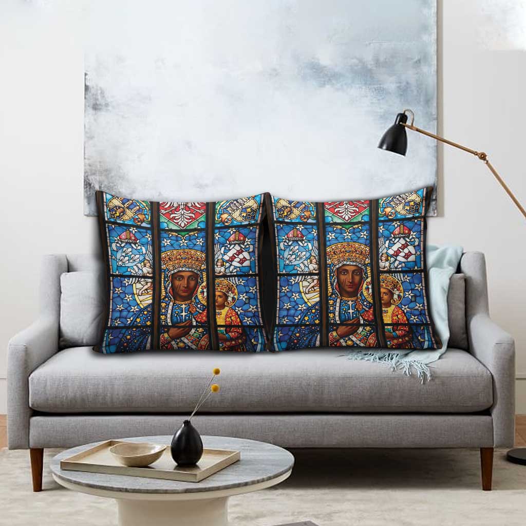 Polish Black Madonna of Czestochowa Pillow Cover Our Lady of Poland Stained Glass