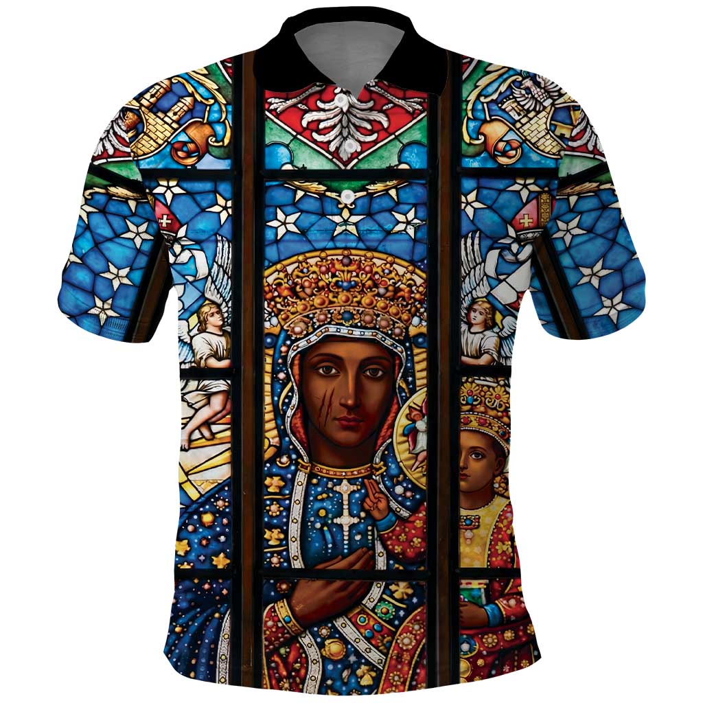 Polish Black Madonna of Czestochowa Polo Shirt Our Lady of Poland Stained Glass