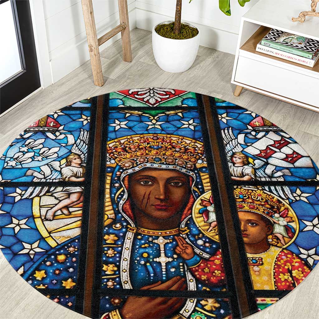Polish Black Madonna of Czestochowa Round Carpet Our Lady of Poland Stained Glass