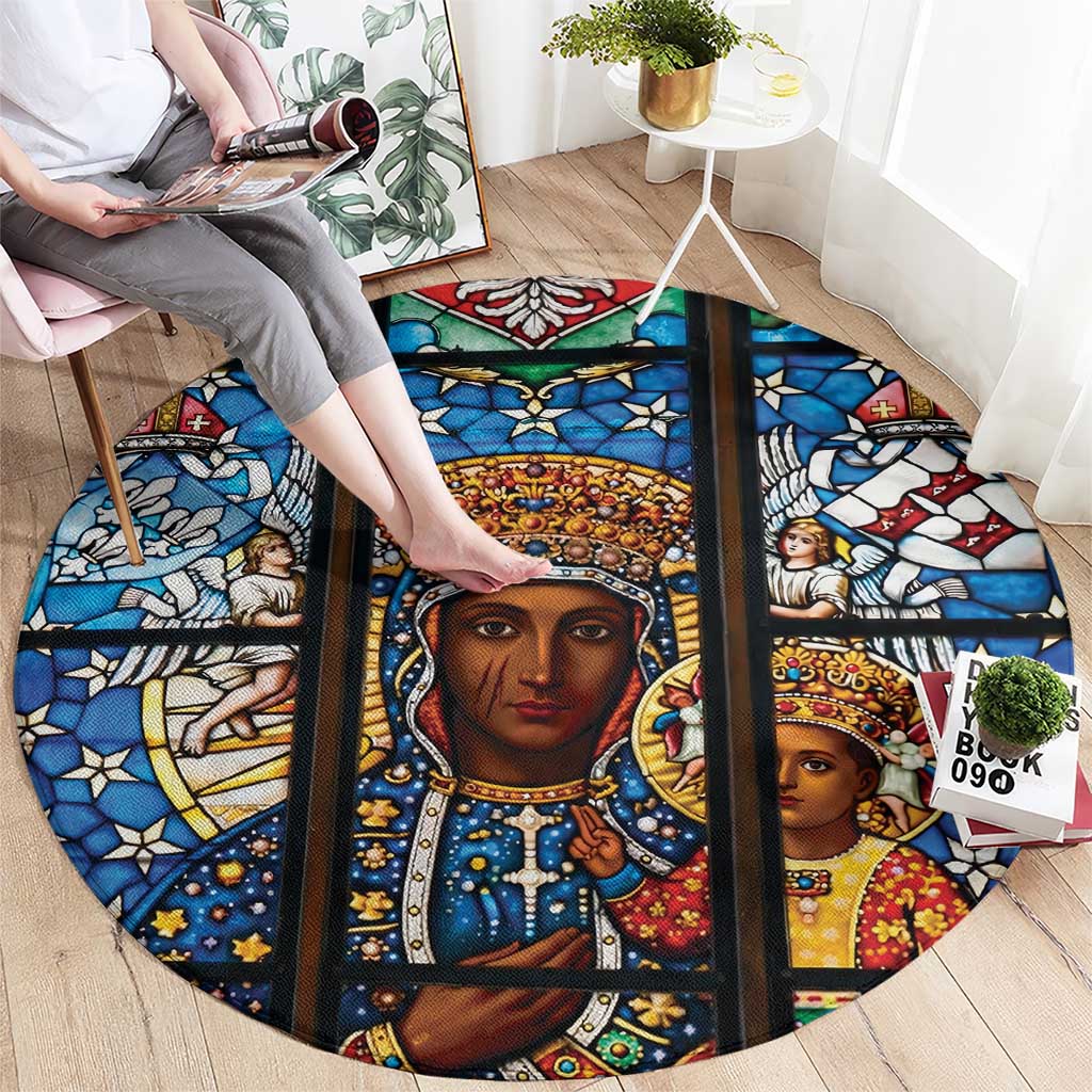 Polish Black Madonna of Czestochowa Round Carpet Our Lady of Poland Stained Glass