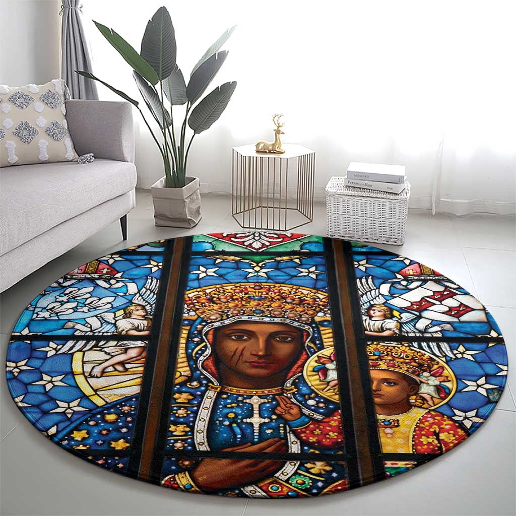 Polish Black Madonna of Czestochowa Round Carpet Our Lady of Poland Stained Glass