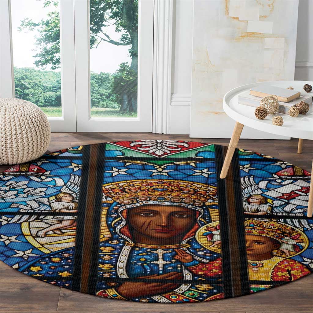 Polish Black Madonna of Czestochowa Round Carpet Our Lady of Poland Stained Glass