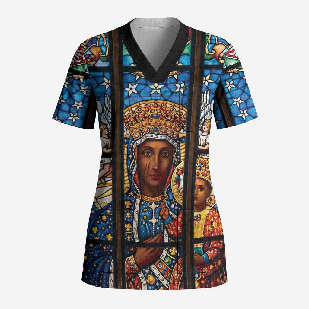 Polish Black Madonna of Czestochowa Scrub Top Our Lady of Poland Stained Glass