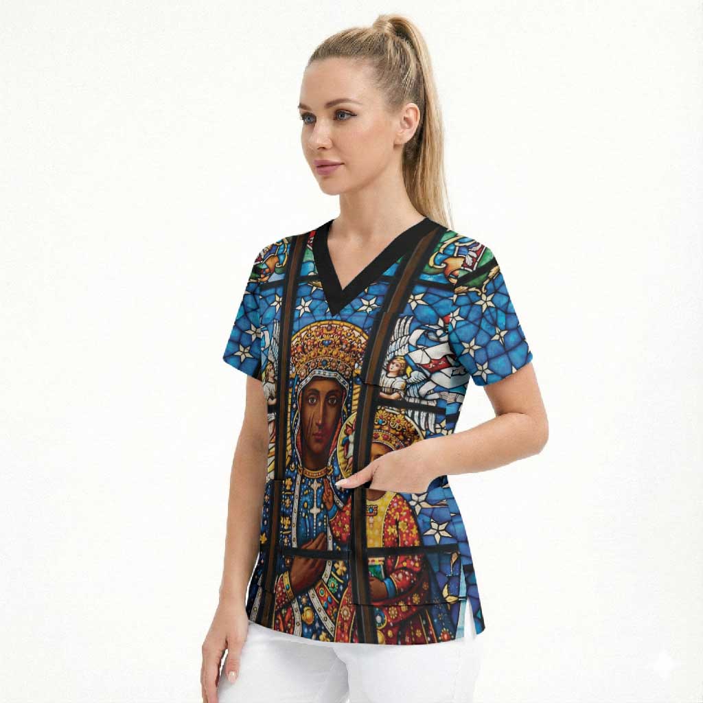 Polish Black Madonna of Czestochowa Scrub Top Our Lady of Poland Stained Glass