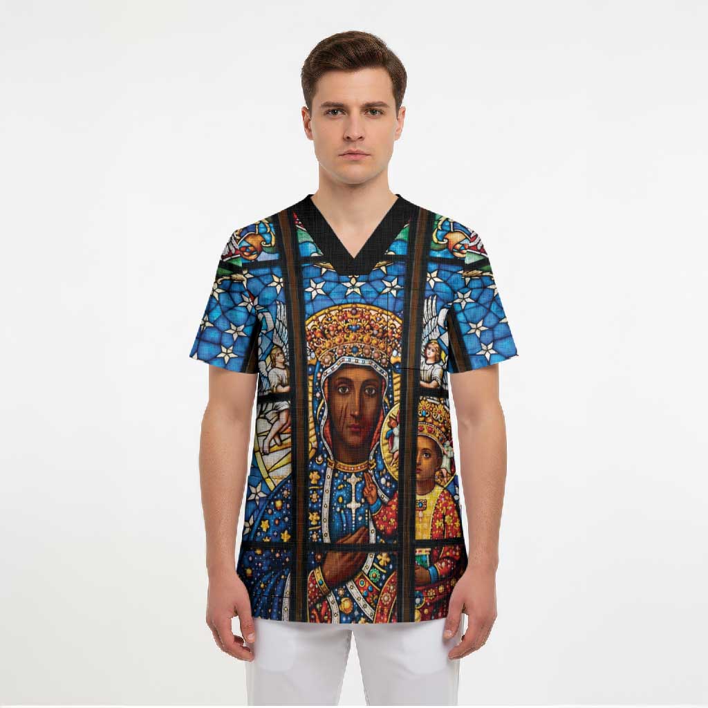 Polish Black Madonna of Czestochowa Scrub Top Our Lady of Poland Stained Glass
