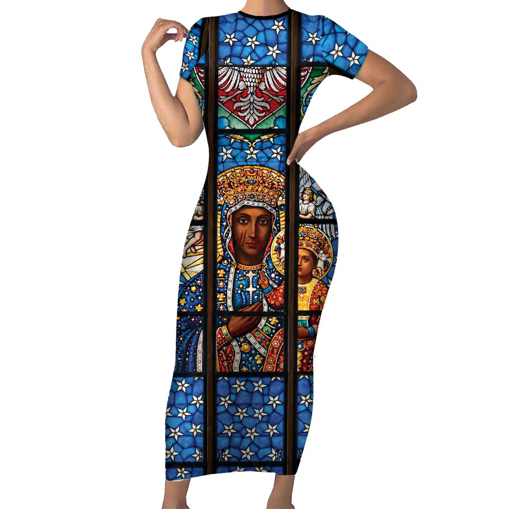Polish Black Madonna of Czestochowa Short Sleeve Bodycon Dress Our Lady of Poland Stained Glass