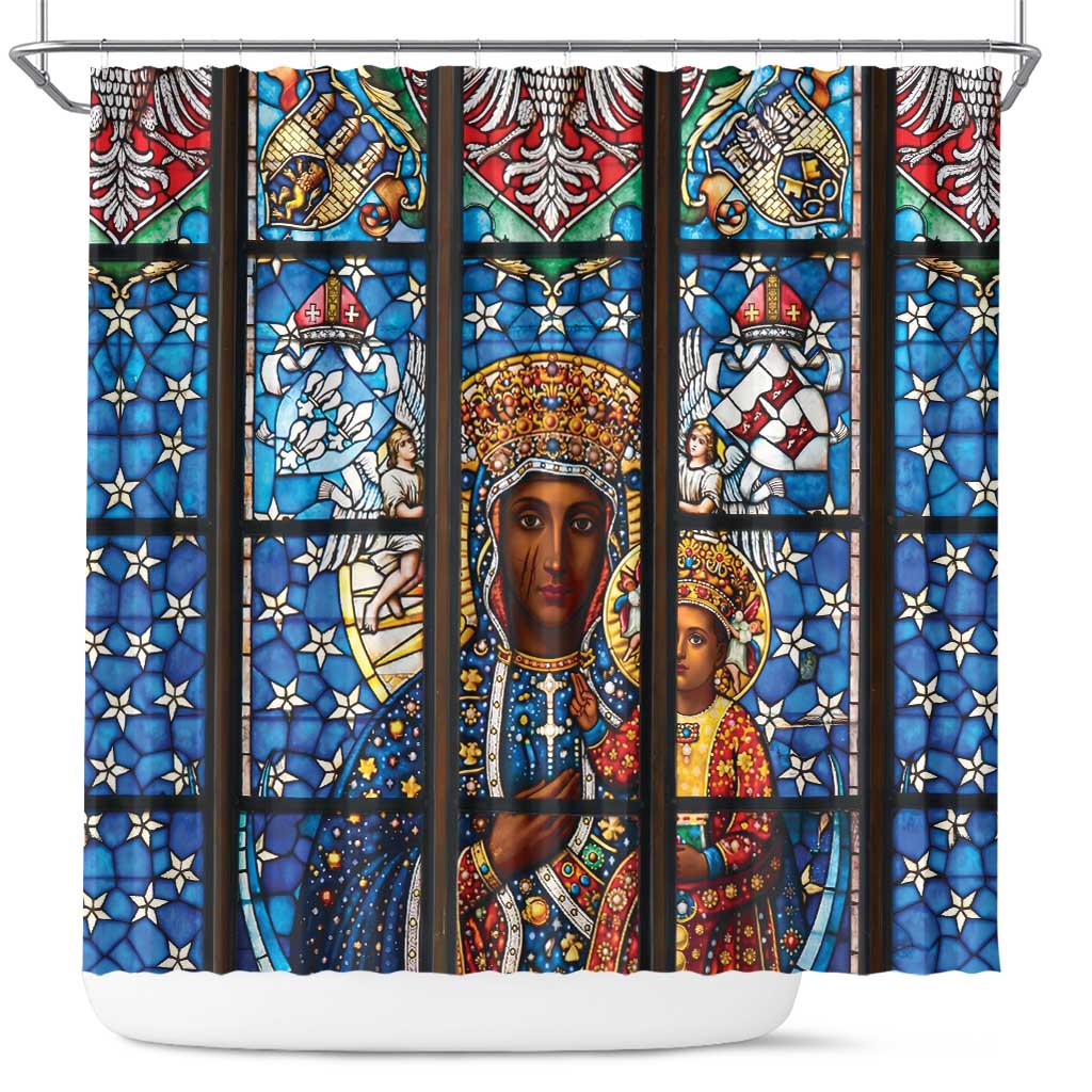 Polish Black Madonna of Czestochowa Shower Curtain Our Lady of Poland Stained Glass