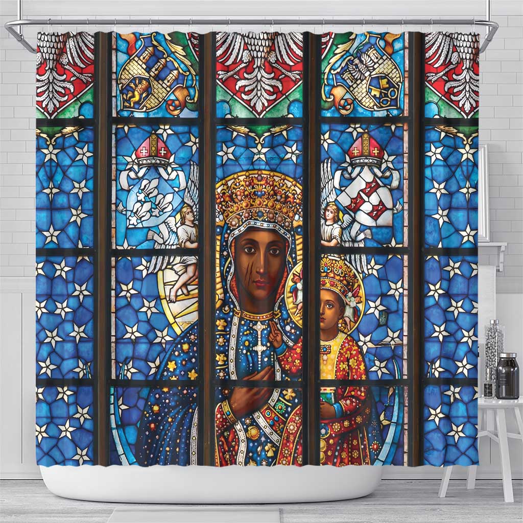 Polish Black Madonna of Czestochowa Shower Curtain Our Lady of Poland Stained Glass