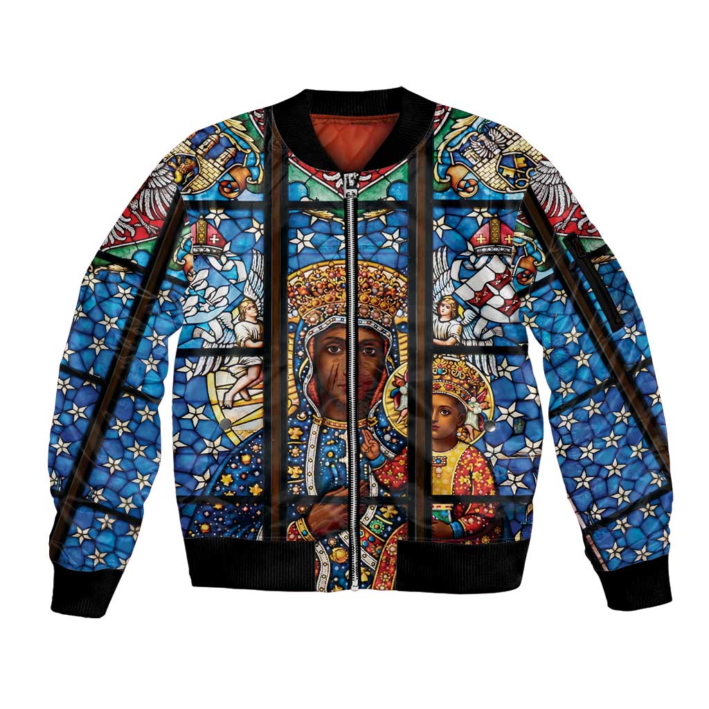 Polish Black Madonna of Czestochowa Sleeve Zip Bomber Jacket Our Lady of Poland Stained Glass