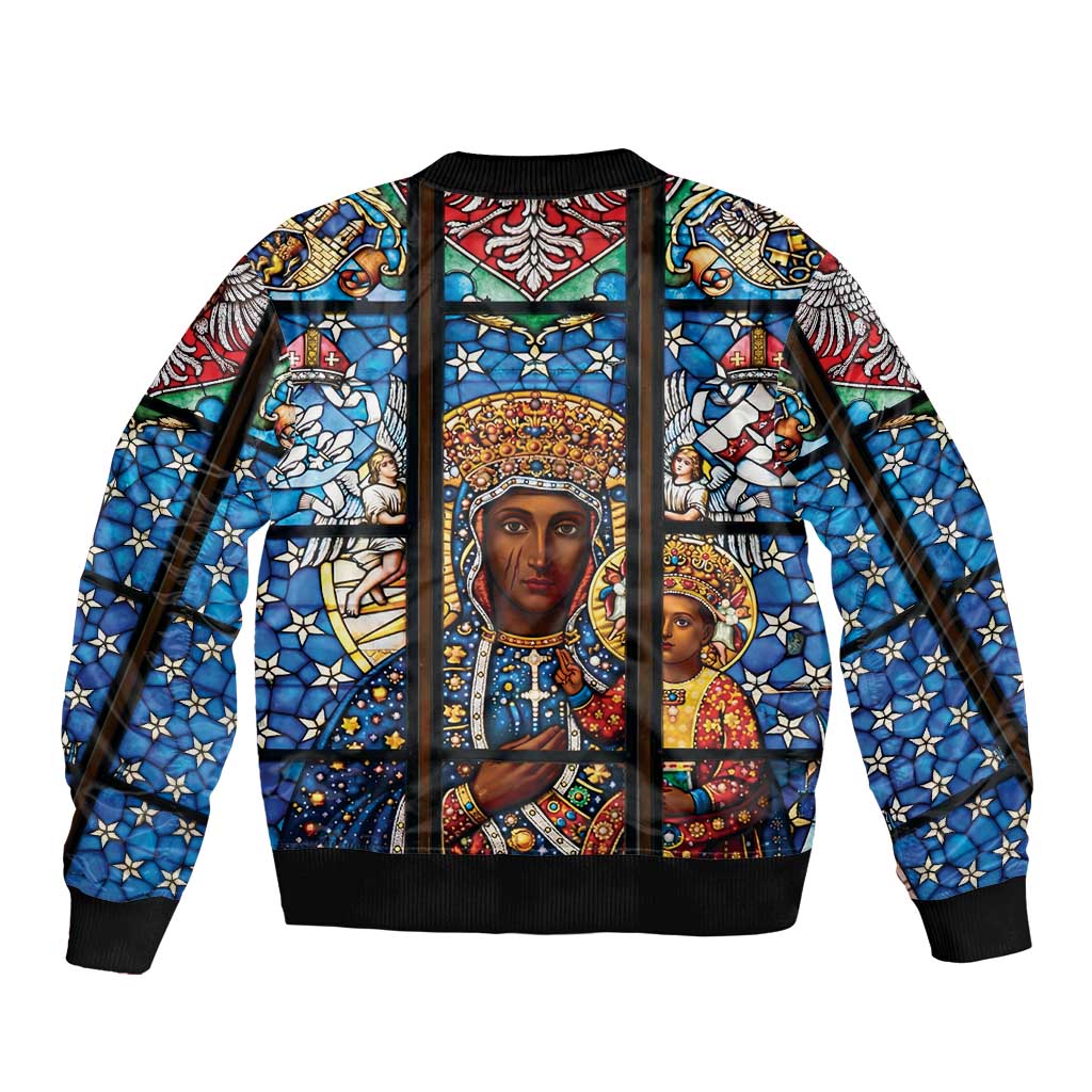 Polish Black Madonna of Czestochowa Sleeve Zip Bomber Jacket Our Lady of Poland Stained Glass