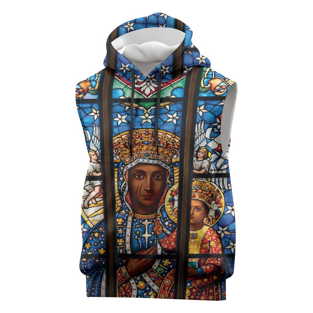 Polish Black Madonna of Czestochowa Sleeveless Hoodie Our Lady of Poland Stained Glass