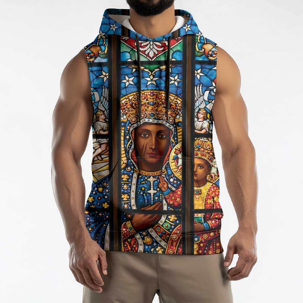Polish Black Madonna of Czestochowa Sleeveless Hoodie Our Lady of Poland Stained Glass