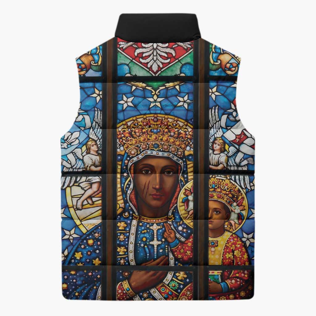 Polish Black Madonna of Czestochowa Sleeveless Puffer Jacket Our Lady of Poland Stained Glass