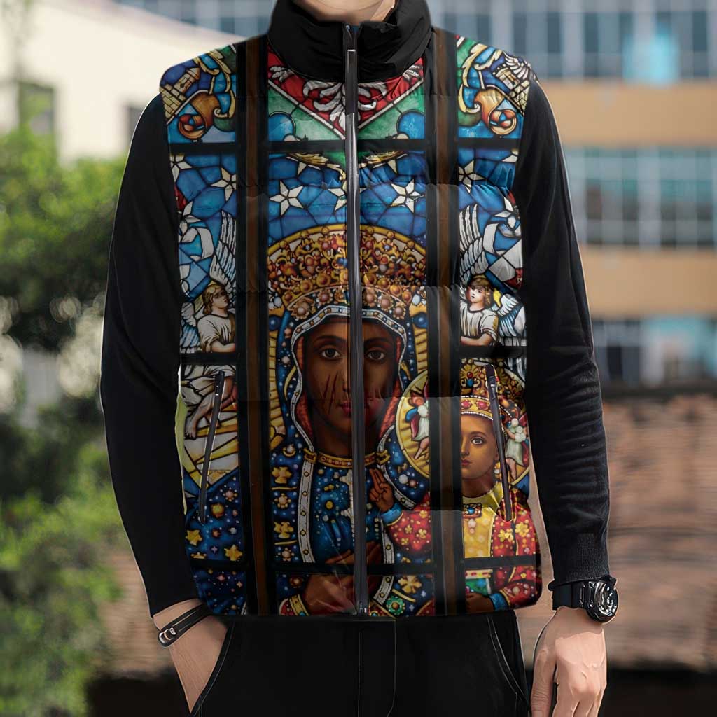 Polish Black Madonna of Czestochowa Sleeveless Puffer Jacket Our Lady of Poland Stained Glass