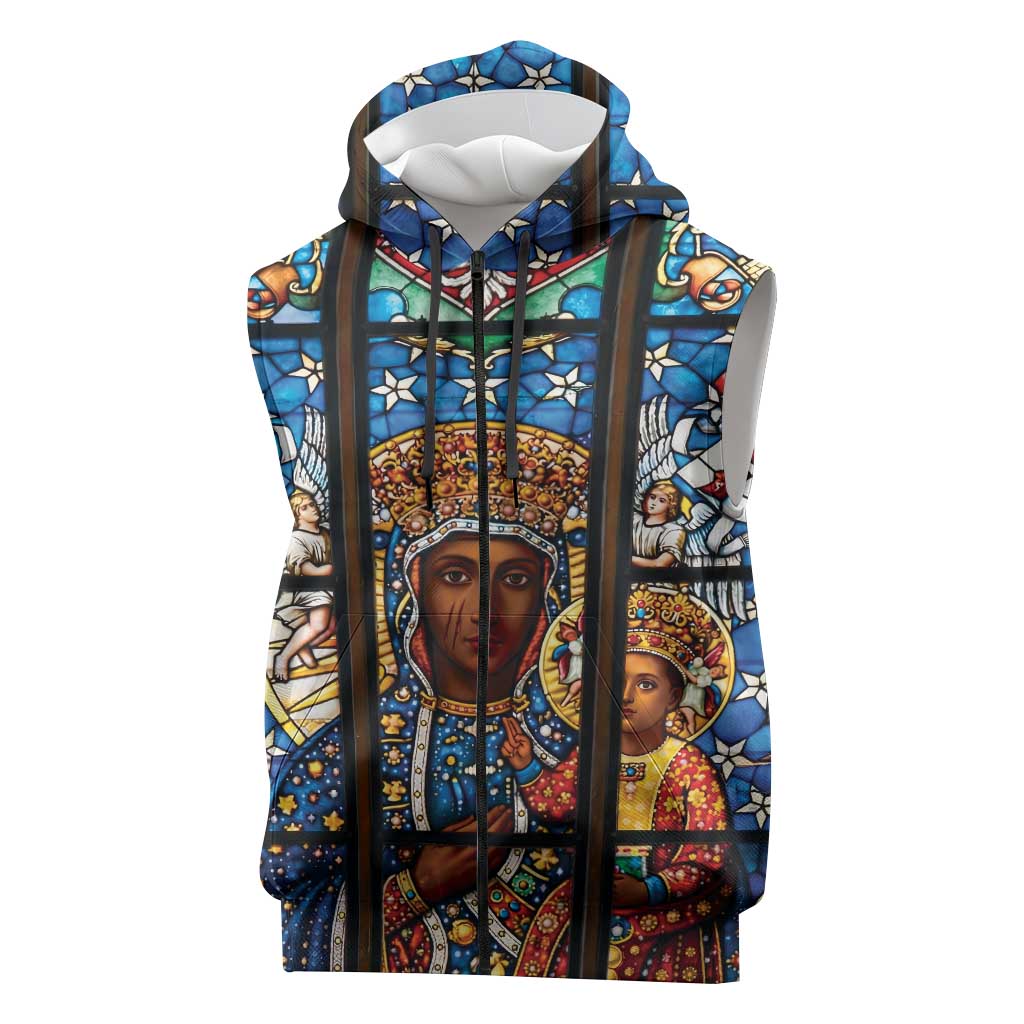 Polish Black Madonna of Czestochowa Sleeveless Zip Hoodie Our Lady of Poland Stained Glass